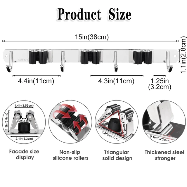 Alt view image 3 of 7 - Broom Holder Wall Mount, 3 Racks 4 Hooks Heavy Duty Mop Organizer Mop Holder Wall Mount and Broom Hanger for Garage, Laundry Room, Kitchen and Utility Storage