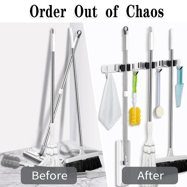 Alt view image 6 of 7 - Broom Holder Wall Mount, 3 Racks 4 Hooks Heavy Duty Mop Organizer Mop Holder Wall Mount and Broom Hanger for Garage, Laundry Room, Kitchen and Utility Storage