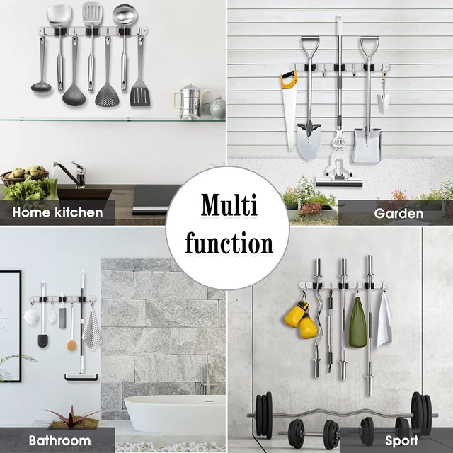Alt view image 7 of 7 - Broom Holder Wall Mount, 3 Racks 4 Hooks Heavy Duty Mop Organizer Mop Holder Wall Mount and Broom Hanger for Garage, Laundry Room, Kitchen and Utility Storage