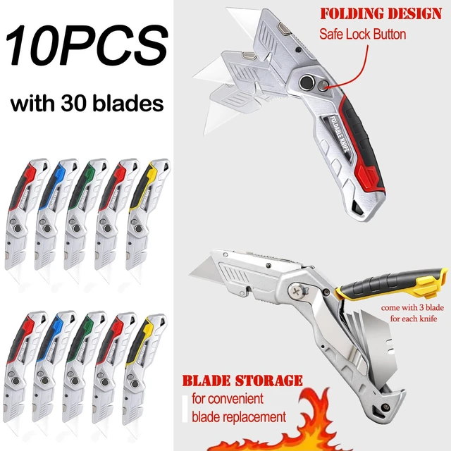 Alt view image 2 of 7 - 10-Pack Heavy Duty Folding Box Cutter with Blade Storage (Entirety Metal) with 30 Replacement Blades, Professional Utility Razor Knife