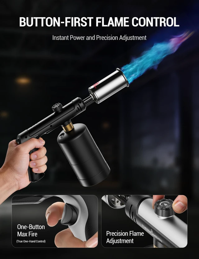 Alt view image 3 of 7 - Propane Torch Gun, One-Touch Max Fire Flame Thrower, Black Safety Lock, Adjustable Flame for Charcoal Lighting, Grilling, Sous Vide, BBQ, and Kitchen Food Searing (Tank Not Included)