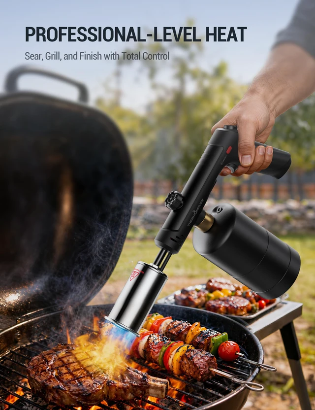 Alt view image 5 of 7 - Propane Torch Gun, One-Touch Max Fire Flame Thrower, Black Safety Lock, Adjustable Flame for Charcoal Lighting, Grilling, Sous Vide, BBQ, and Kitchen Food Searing (Tank Not Included)