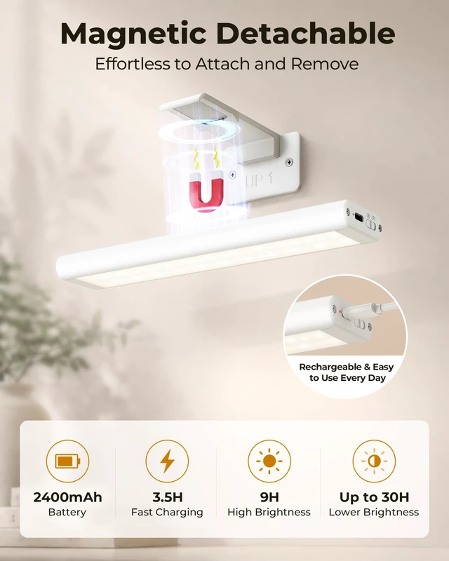 Alt view image 7 of 7 - Picture Light for Wall, Rechargeable 2400mAh Lights Wireless with IR Remote, 3 Color & Dimmable Magnetic 7.8'' LED Lights Display for Painting, Living Room, Gallery, Bedroom(White-3P)