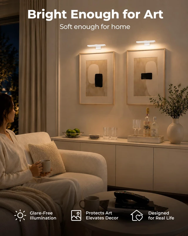 Alt view image 5 of 7 - Picture Light for Wall, Rechargeable 2400mAh Lights Wireless with IR Remote, 3 Color & Dimmable Magnetic 7.8'' LED Lights Display for Painting, Living Room, Gallery, Bedroom(White-3P)