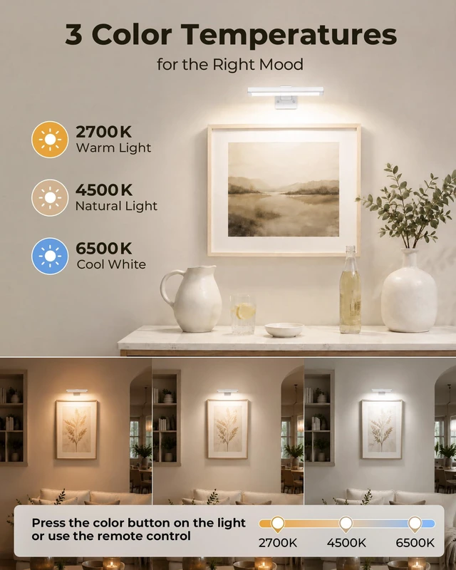 Alt view image 6 of 7 - Picture Light for Wall, Rechargeable 2400mAh Lights Wireless with IR Remote, 3 Color & Dimmable Magnetic 7.8'' LED Lights Display for Painting, Living Room, Gallery, Bedroom(White-3P)
