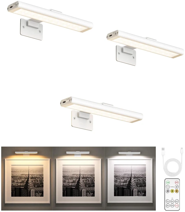 Main image of Picture Light for Wall, Rechargeable 2400mAh Lights Wireless with IR Remote, 3 Color & Dimmable Magnetic 7.8'' LED Lights Display for Painting, Living Room, Gallery, Bedroom(White-3P)