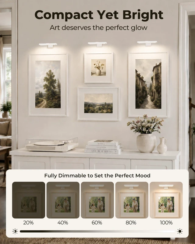 Alt view image 4 of 7 - Picture Light for Wall, Rechargeable 2400mAh Lights Wireless with IR Remote, 3 Color & Dimmable Magnetic 7.8'' LED Lights Display for Painting, Living Room, Gallery, Bedroom(White-3P)