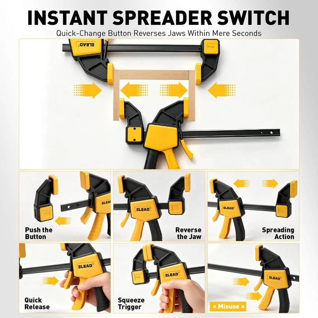 Alt view image 4 of 7 - 6-Pack 12 Inch Bar Clamps for Woodworking with 2-Piece Clamp Connector, 12" Quick-Release Wood Clamps with 150 LBS Load Limit, Trigger Clamp Set, One-Handed Clamps/Spreader for Woodworking