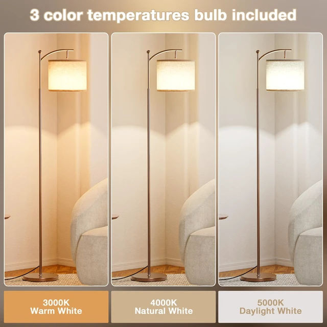 Alt view image 3 of 7 - 60" Floor Lamp for Living Room with 3 Color Temperatures, Adjustable Beige Shade with Brown Pole, Tall Lamp for Bedroom Office Classroom Dorm Room, 9W Bulb Included