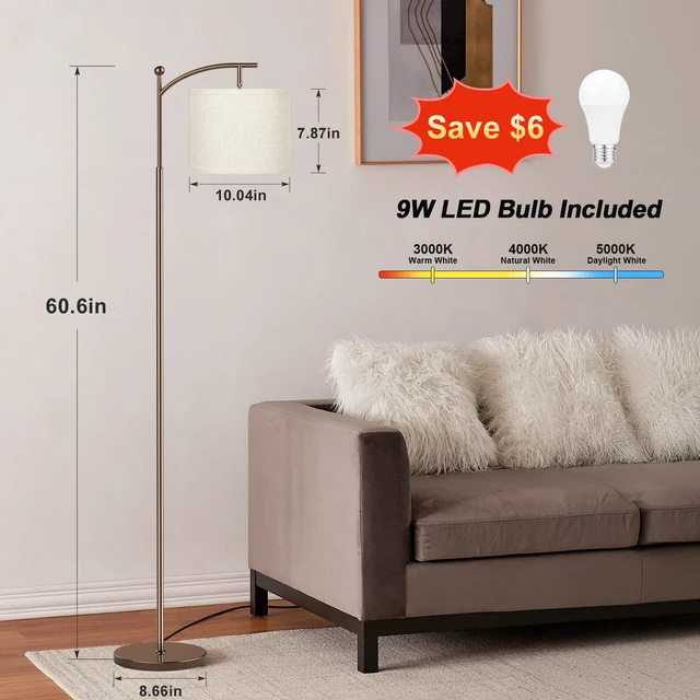 Alt view image 2 of 7 - 60" Floor Lamp for Living Room with 3 Color Temperatures, Adjustable Beige Shade with Brown Pole, Tall Lamp for Bedroom Office Classroom Dorm Room, 9W Bulb Included