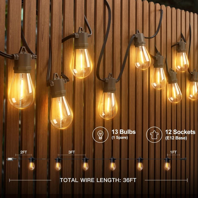 Alt view image 7 of 7 - 36FT LED Outdoor String Lights, Waterproof Dimmable Bulbs for Patio UL Listed, Remote Control. Shatterproof Edison Bulbs, Timer, Linkable, 2700K Warm White. For Backyard, Pergola, Deck, Garden