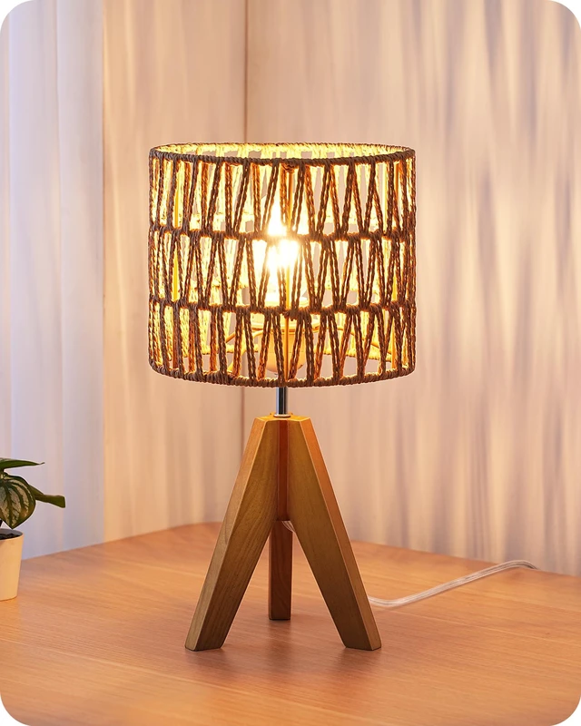 Main image of Rattan Small Table Lamp, Boho Nightstand Lamp, 14.2", E26 Base Natural Style, Wood Tripod Base, Rosewood Color & W-Pattern Shade, Bedside Lamp for Living Room, End Table, Office