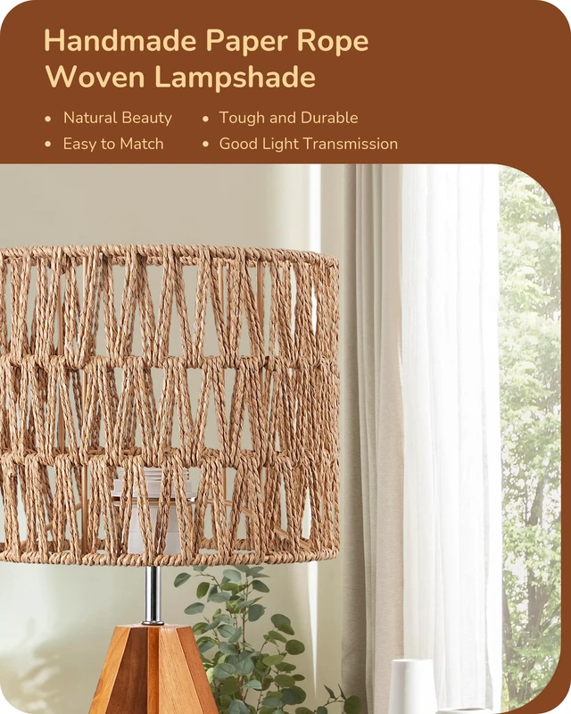 Alt view image 2 of 7 - Rattan Small Table Lamp, Boho Nightstand Lamp, 14.2", E26 Base Natural Style, Wood Tripod Base, Rosewood Color & W-Pattern Shade, Bedside Lamp for Living Room, End Table, Office