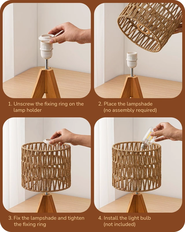 Alt view image 4 of 7 - Rattan Small Table Lamp, Boho Nightstand Lamp, 14.2", E26 Base Natural Style, Wood Tripod Base, Rosewood Color & W-Pattern Shade, Bedside Lamp for Living Room, End Table, Office