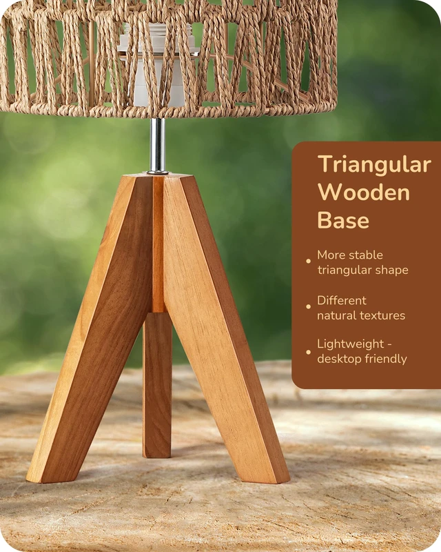 Alt view image 3 of 7 - Rattan Small Table Lamp, Boho Nightstand Lamp, 14.2", E26 Base Natural Style, Wood Tripod Base, Rosewood Color & W-Pattern Shade, Bedside Lamp for Living Room, End Table, Office