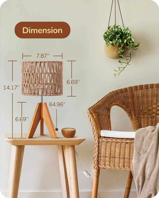 Alt view image 5 of 7 - Rattan Small Table Lamp, Boho Nightstand Lamp, 14.2", E26 Base Natural Style, Wood Tripod Base, Rosewood Color & W-Pattern Shade, Bedside Lamp for Living Room, End Table, Office