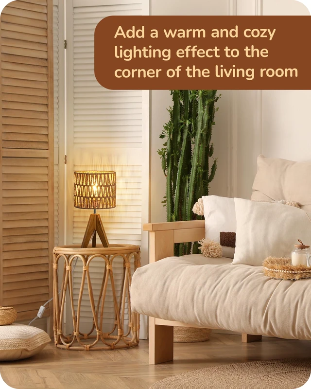 Alt view image 6 of 7 - Rattan Small Table Lamp, Boho Nightstand Lamp, 14.2", E26 Base Natural Style, Wood Tripod Base, Rosewood Color & W-Pattern Shade, Bedside Lamp for Living Room, End Table, Office