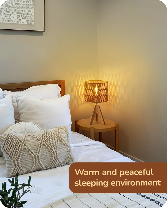 Alt view image 7 of 7 - Rattan Small Table Lamp, Boho Nightstand Lamp, 14.2", E26 Base Natural Style, Wood Tripod Base, Rosewood Color & W-Pattern Shade, Bedside Lamp for Living Room, End Table, Office