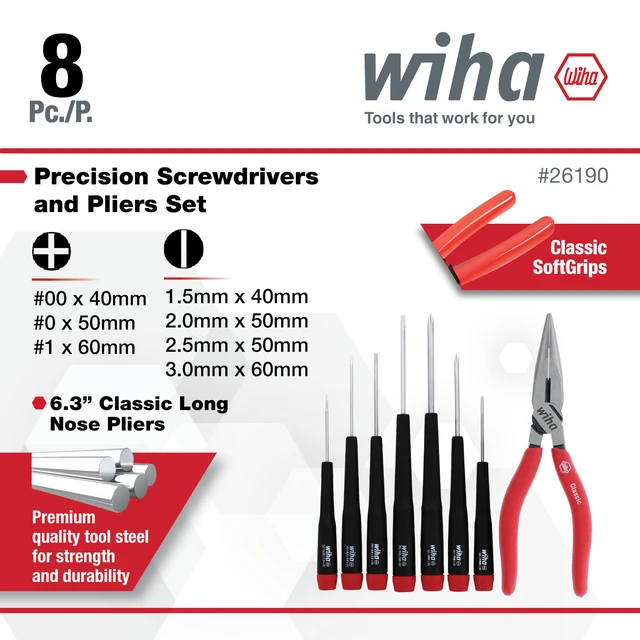 Alt view image 3 of 5 - 26190 Slotted and Phillips Screwdriver Set, 8 Piece Bonus 6.3 Inch Long Nose Pliers, Extra-Long Handles, Chrome-Plated