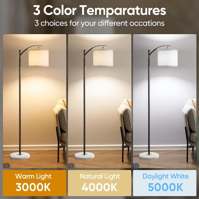Alt view image 2 of 7 - Floor Lamp for Living Room with Marble Base, Modern Standing Lamp with 3 Color Temperatures Bulb & Adjustable Linen Shade, Tall Lamp for Bedroom Office Reading Nursery