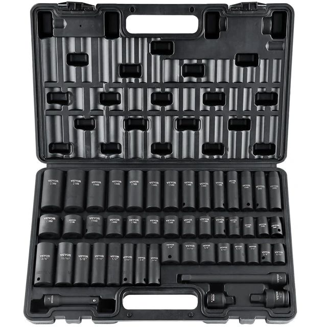 Main image of Impact Socket Set 3/8" Drive, 48-Piece Standard SAE (5/16 to 3/4 inch) & Metric (8 to 22 mm) Size, Deep & Shallow, 6 Point, CR-V, Extension Bar, Universal Joint, 1/2" F to 3/8" M Reducer