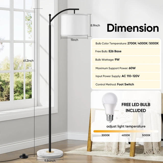 Alt view image 3 of 7 - Floor Lamp for Living Room with Marble Base, Modern Standing Lamp with 3 Color Temperatures Bulb & Adjustable Linen Shade, Tall Lamp for Bedroom Office Reading Nursery