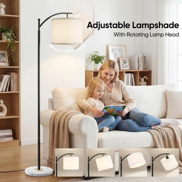 Alt view image 4 of 7 - Floor Lamp for Living Room with Marble Base, Modern Standing Lamp with 3 Color Temperatures Bulb & Adjustable Linen Shade, Tall Lamp for Bedroom Office Reading Nursery