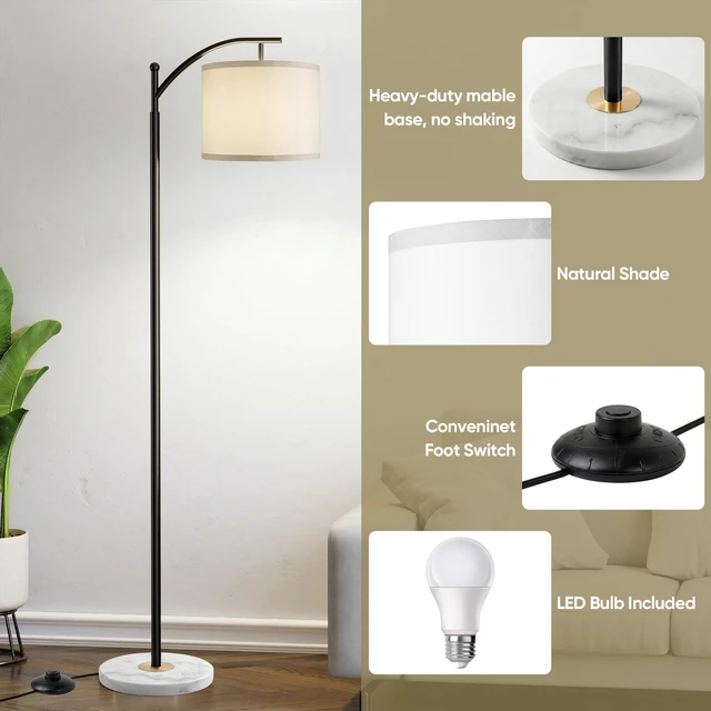 Alt view image 5 of 7 - Floor Lamp for Living Room with Marble Base, Modern Standing Lamp with 3 Color Temperatures Bulb & Adjustable Linen Shade, Tall Lamp for Bedroom Office Reading Nursery