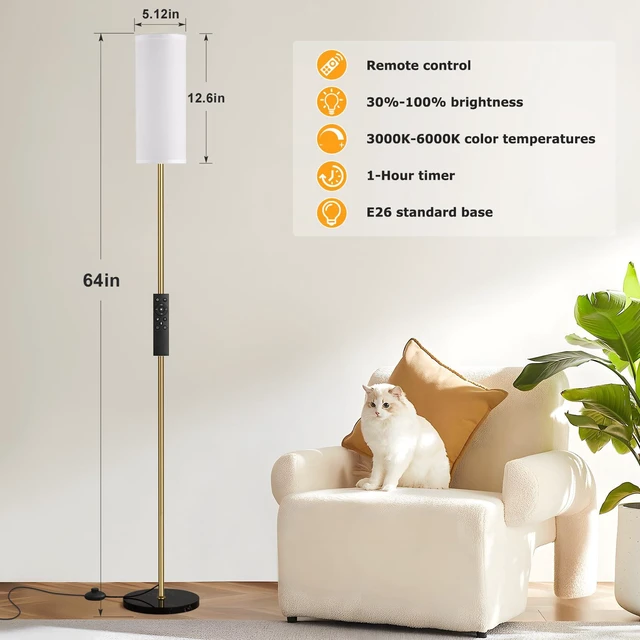 Alt view image 2 of 6 - 64'' Floor Lamps for Living Room with Remote Control and Stepless Dimmable Colors Temperature & Brightness, Gold Standing Lamp with Black Marble Base