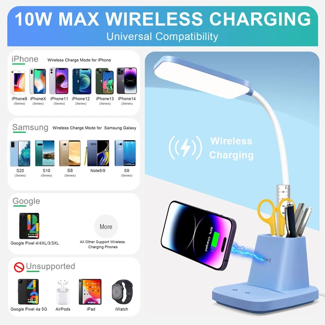 Alt view image 2 of 7 - LED Desk Lamp with 10W Wireless Charging & Pen Holder, Blue CRI 95, 800LM, Stepless Dimming, 3 Modes, 360°Flexible Arm, Touch, Study Table Lamp for Home Office, Dorm Room, with Adapter