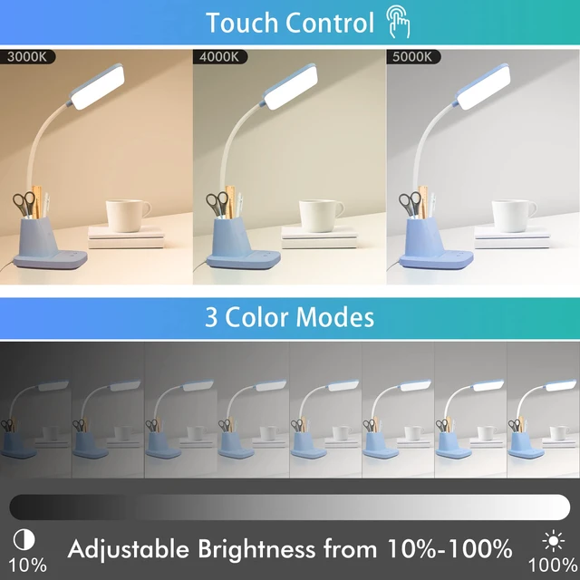 Alt view image 4 of 7 - LED Desk Lamp with 10W Wireless Charging & Pen Holder, Blue CRI 95, 800LM, Stepless Dimming, 3 Modes, 360°Flexible Arm, Touch, Study Table Lamp for Home Office, Dorm Room, with Adapter