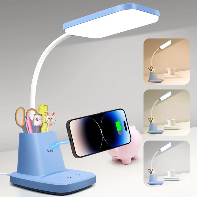 Main image of LED Desk Lamp with 10W Wireless Charging & Pen Holder, Blue CRI 95, 800LM, Stepless Dimming, 3 Modes, 360°Flexible Arm, Touch, Study Table Lamp for Home Office, Dorm Room, with Adapter