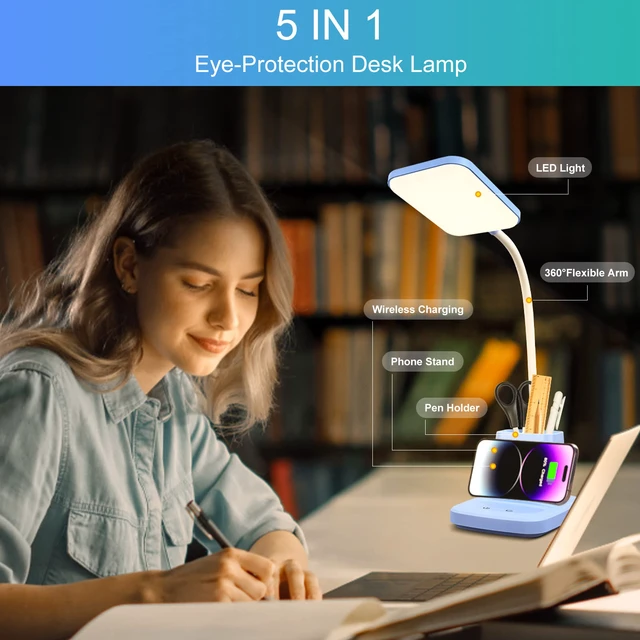 Alt view image 3 of 7 - LED Desk Lamp with 10W Wireless Charging & Pen Holder, Blue CRI 95, 800LM, Stepless Dimming, 3 Modes, 360°Flexible Arm, Touch, Study Table Lamp for Home Office, Dorm Room, with Adapter
