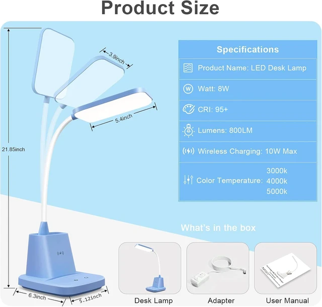 Alt view image 6 of 7 - LED Desk Lamp with 10W Wireless Charging & Pen Holder, Blue CRI 95, 800LM, Stepless Dimming, 3 Modes, 360°Flexible Arm, Touch, Study Table Lamp for Home Office, Dorm Room, with Adapter