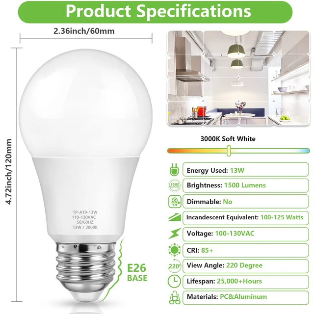 Alt view image 2 of 7 - A19 LED Light Bulbs, 100 Watt Equivalent, Soft White 3000K, 1500 Lumens, E26 Base, Non-Dimmable, 13W Bright LED Bulbs, 4-Pack