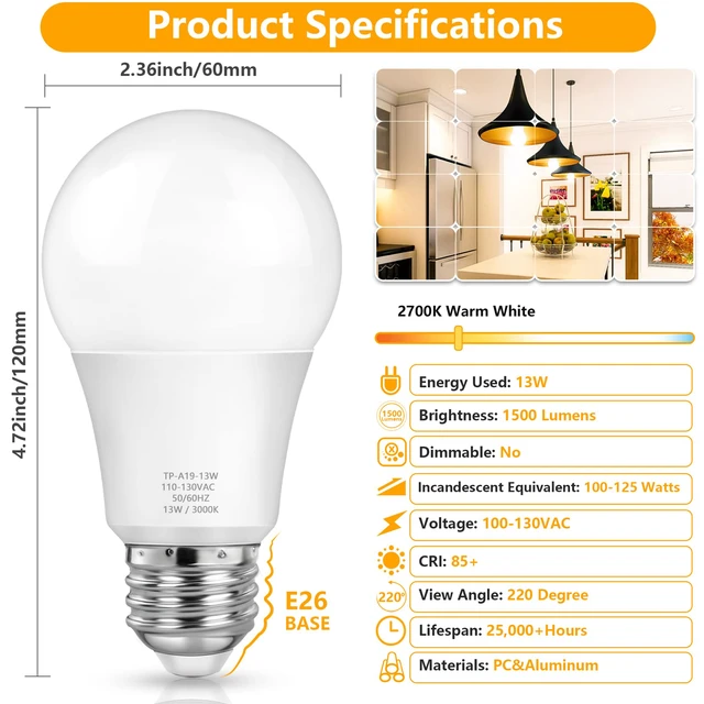 Alt view image 2 of 7 - A19 LED Light Bulbs, 100 Watt Equivalent, Warm White 2700K, 1500 Lumens, E26 Base, Non-Dimmable, 13W Bright LED Bulbs, 4-Pack