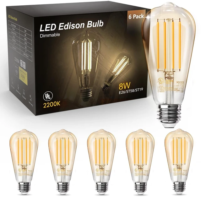 Main image of LED Edison Light Bulbs, E26 Dimmable Vintage Bulb, 8W = 60W Equivalent Amber White 2200K, 800LM, E26 Base, ST19/58, 80+ CRI, Amber Glass, Antique Decorative Filament Bulb for Living Room, 6 Pack