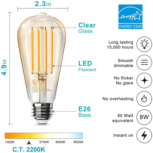 Alt view image 2 of 6 - LED Edison Light Bulbs, E26 Dimmable Vintage Bulb, 8W = 60W Equivalent Amber White 2200K, 800LM, E26 Base, ST19/58, 80+ CRI, Amber Glass, Antique Decorative Filament Bulb for Living Room, 6 Pack
