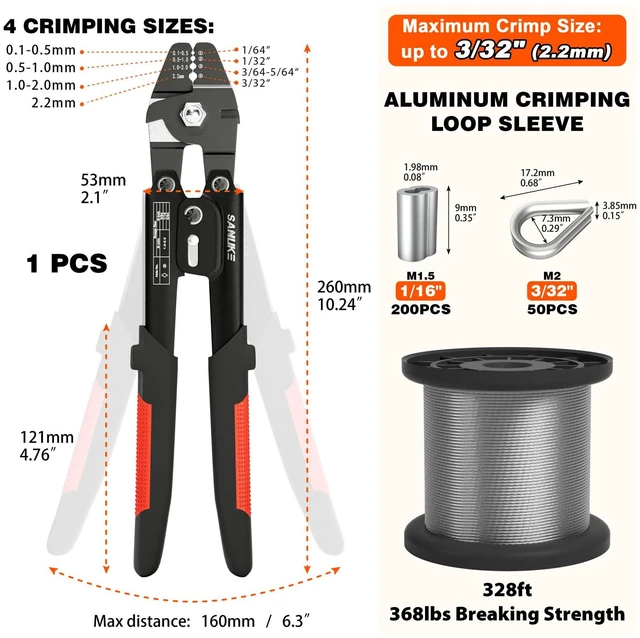 Alt view image 3 of 7 - Wire Rope Crimper Kit, 328ft 1/16" Stainless Steel Cable, Swager with 200Pcs Crimping Sleeves and 50Pcs M2 Thimbles, 6Pcs M4 Hook & Eye Turnbuckle and 8Pcs Eye Screws for Railing, Decking, H