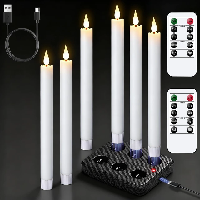 Main image of Rechargeable Flameless Taper Candles Charging Base & 2 Remote White LED Candles Battery Operated, Real Wax Rechargeable Candlesticks, Christmas Wedding Party Home Decor, 6 Pack, 0.78 x 9.8 In