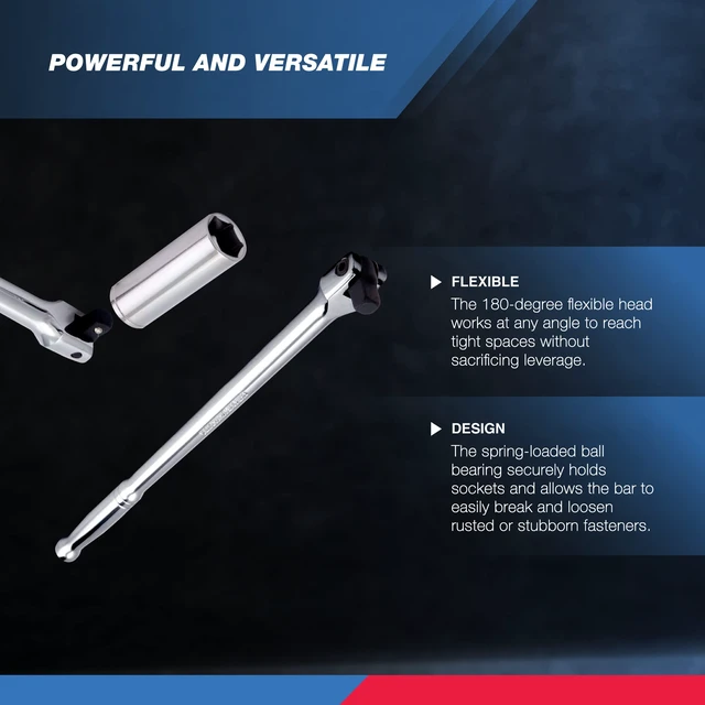Alt view image 3 of 6 - 00206A 1/2" Breaker Bar, 1/2-Inch Drive 24-Inch Breaker Bar, Flex Head Chrome-Moly Cr-Mo, Lug Nut Wrench, Tire Bar, Cheater Bar