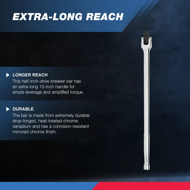 Alt view image 2 of 6 - 00206A 1/2" Breaker Bar, 1/2-Inch Drive 24-Inch Breaker Bar, Flex Head Chrome-Moly Cr-Mo, Lug Nut Wrench, Tire Bar, Cheater Bar