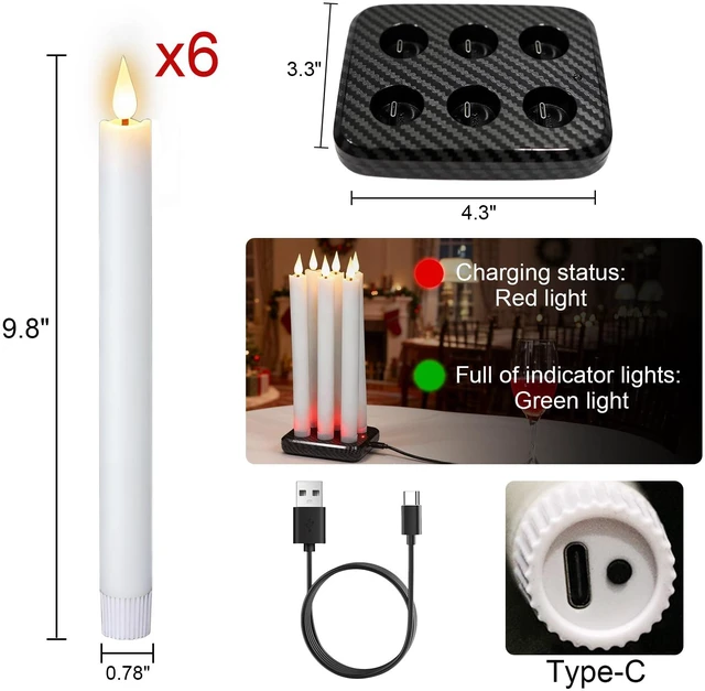 Alt view image 7 of 7 - Rechargeable Flameless Taper Candles Charging Base & 2 Remote White LED Candles Battery Operated, Real Wax Rechargeable Candlesticks, Christmas Wedding Party Home Decor, 6 Pack, 0.78 x 9.8 In