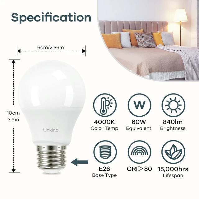 Alt view image 2 of 7 - A19 LED Light Bulbs, 60 Watt Equivalent, 4000K Cool White 6 Packs 8.5W 840 Lumens Non-Dimmable LED Bulbs, E26 Standard Base 120V, Energy Efficient for Bedroom Home Office Living Room