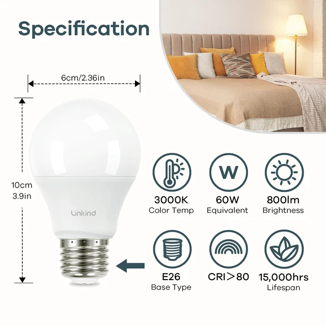 Alt view image 2 of 7 - A19 LED Light Bulbs, 60 Watt Equivalent, 3000K Warm White 6 Packs 8.5W 800 Lumens Non-Dimmable LED Bulbs, E26 Standard Base 120V, Energy Efficient for Bedroom Home Office Living Room