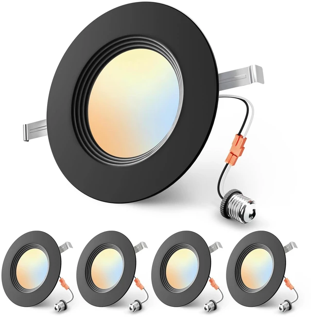 Main image of 5/6 Inch Black LED Recessed Can Lights, 5CCT, 9W, 1000LM, 4 Pack Retrofit Baffle Trim, 5%-100% Dimmable, 2700K-5000K Selectable CCT, Damp&IC Rated, ETL&FCC Certified, Quick E26 Install