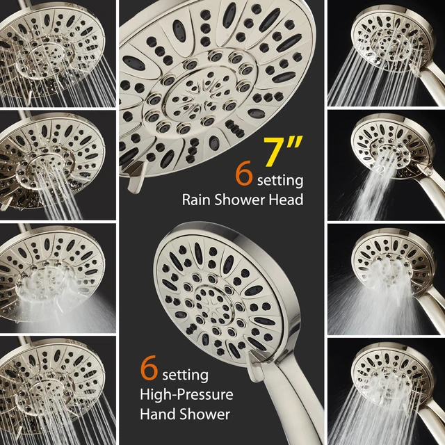 Alt view image 3 of 6 - 7" Premium High Pressure 3-way Rain & Handheld Shower Head Combo Enjoy Dual 6-Setting Luxury Shower Heads Separately or Together for the Best of Both Worlds! Stainless Steel Hose - Nickel