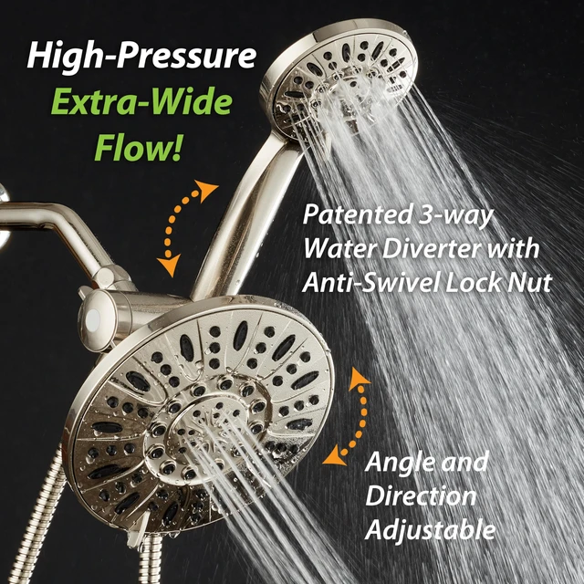 Alt view image 4 of 6 - 7" Premium High Pressure 3-way Rain & Handheld Shower Head Combo Enjoy Dual 6-Setting Luxury Shower Heads Separately or Together for the Best of Both Worlds! Stainless Steel Hose - Nickel