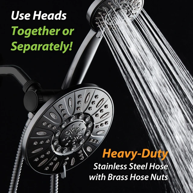 Alt view image 5 of 6 - 7" Premium High Pressure 3-way Rain & Handheld Shower Head Combo Enjoy Dual 6-Setting Luxury Shower Heads Separately or Together for the Best of Both Worlds! Stainless Steel Hose - Black