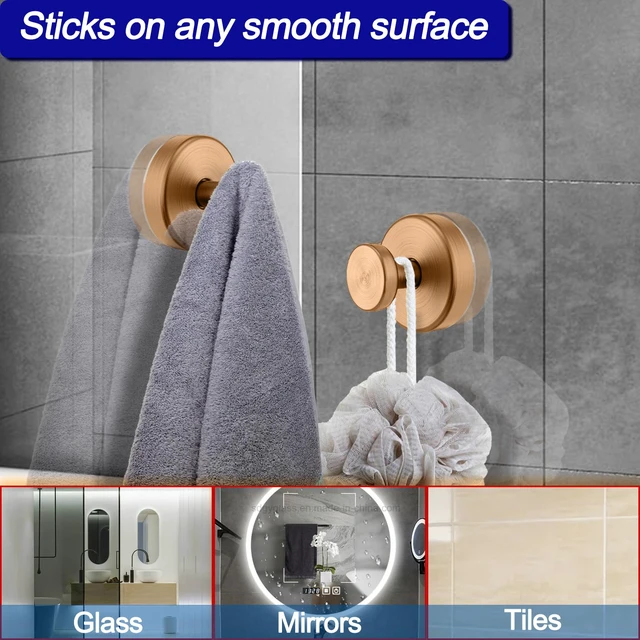Alt view image 2 of 7 - Suction Cup Hooks for Shower, Removable Towel Hooks for Bathroom Window Glass Door Wall, Bath Robe Looafh Wreath Hook for Hanging - 2 Pack, Champagne Bronze